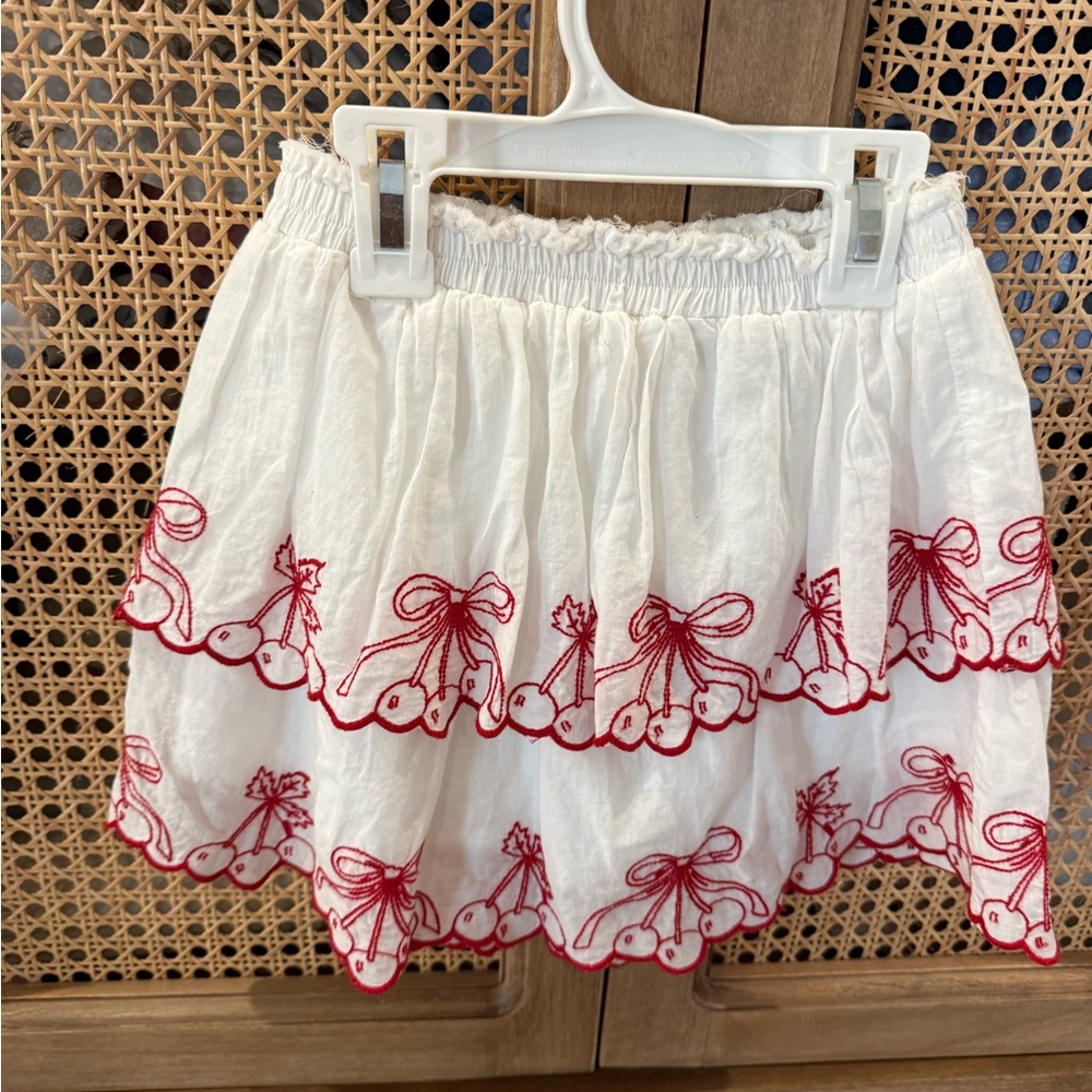 LoveShackFancy White Mini Skirt with Red Embroidery